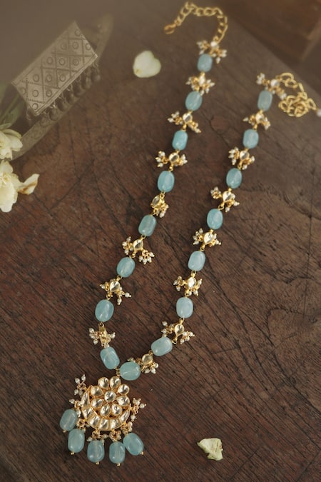 Shop Paisley Pop Blue Kundan Stone Pendant Necklace at Aza Fashions Shop_Paisley Pop_Blue Kundan Stone Pendant Necklace _at_Aza_Fashions