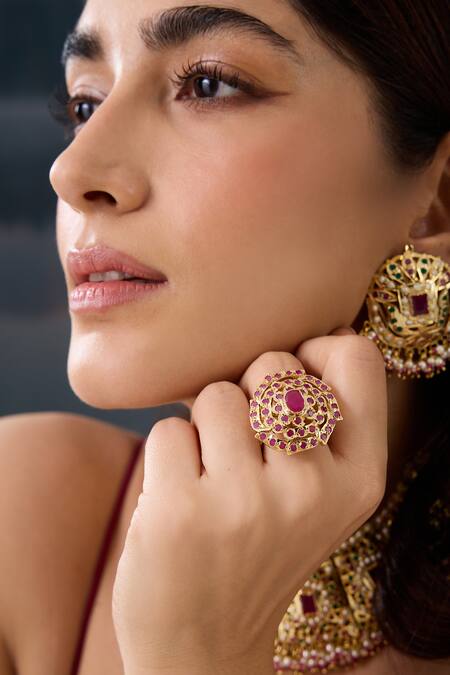 Shop_Paisley Pop_Pink Stones Adjustable Jadau Ring _Online_at_Aza_Fashions