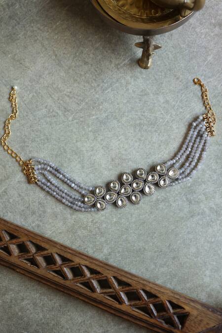 Paisley Pop Gray Stones, Zari, Pearls Polki Embellished Grey Onyx Layered Choker Online at Aza Fashions Paisley Pop_Gray Stones, Zari, Pearls Polki Embellished Grey Onyx Layered Choker _Online_at_Aza_Fashions