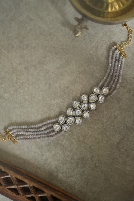 Shop Paisley Pop Gray Stones, Zari, Pearls Polki Embellished Grey Onyx Layered Choker at Aza Fashions Shop_Paisley Pop_Gray Stones, Zari, Pearls Polki Embellished Grey Onyx Layered Choker _at_Aza_Fashions