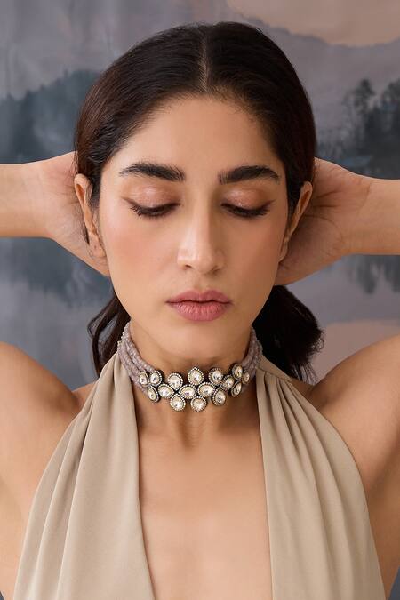 Buy Paisley Pop Gray Stones, Zari, Pearls Polki Embellished Grey Onyx Layered Choker Online at Aza Fashions Buy_Paisley Pop_Gray Stones, Zari, Pearls Polki Embellished Grey Onyx Layered Choker _Online_at_Aza_Fashions