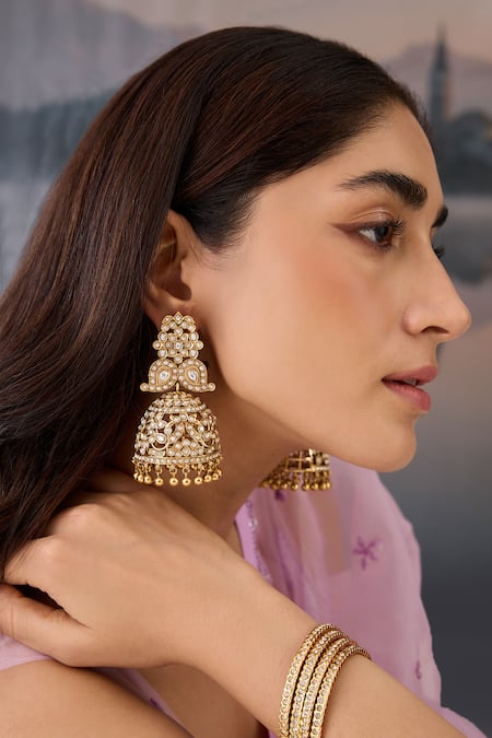 Paisley Pop Gold Plated Kundan Beaded Cutwork Jhumkas Online at Aza Fashions Paisley Pop_Gold Plated Kundan Beaded Cutwork Jhumkas _Online_at_Aza_Fashions