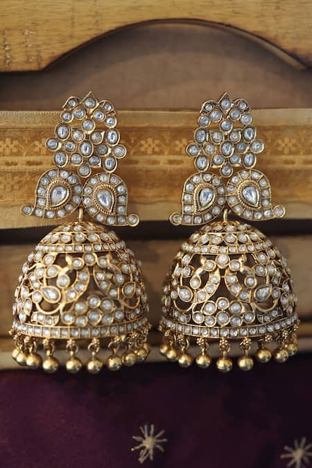 Shop Paisley Pop Gold Plated Kundan Beaded Cutwork Jhumkas at Aza Fashions Shop_Paisley Pop_Gold Plated Kundan Beaded Cutwork Jhumkas _at_Aza_Fashions