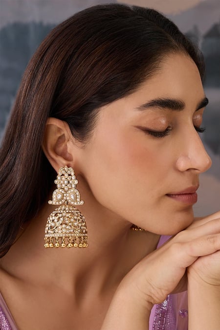 Buy Paisley Pop Gold Plated Kundan Beaded Cutwork Jhumkas Online at Aza Fashions Buy_Paisley Pop_Gold Plated Kundan Beaded Cutwork Jhumkas _Online_at_Aza_Fashions