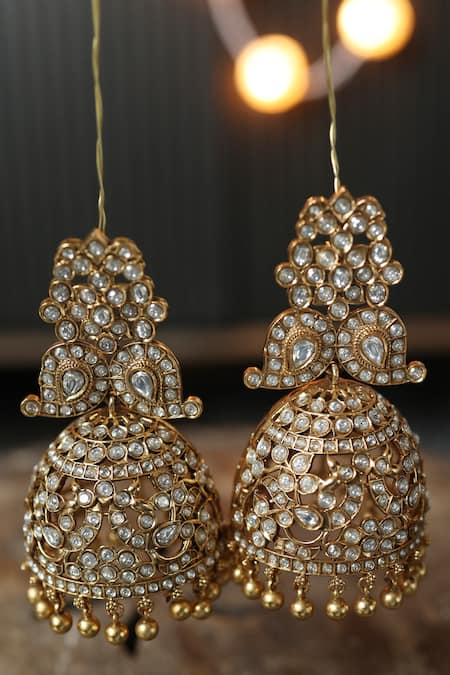 Shop Paisley Pop Gold Plated Kundan Beaded Cutwork Jhumkas Online at Aza Fashions Shop_Paisley Pop_Gold Plated Kundan Beaded Cutwork Jhumkas _Online_at_Aza_Fashions