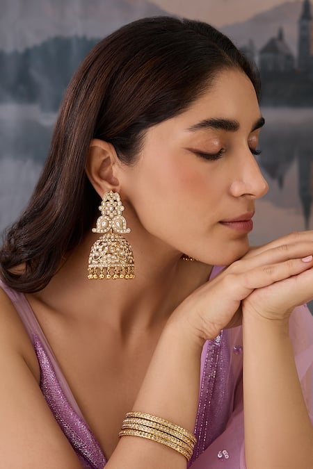 Paisley Pop Gold Plated Kundan Beaded Cutwork Jhumkas at Aza Fashions Paisley Pop_Gold Plated Kundan Beaded Cutwork Jhumkas _at_Aza_Fashions