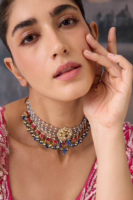 Paisley Pop_Blue Floral Layered Stone Choker _Online_at_Aza_Fashions