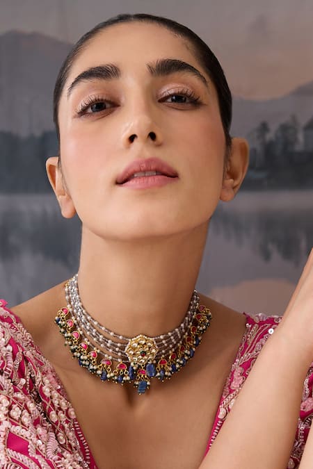 Buy_Paisley Pop_Blue Floral Layered Stone Choker _Online_at_Aza_Fashions