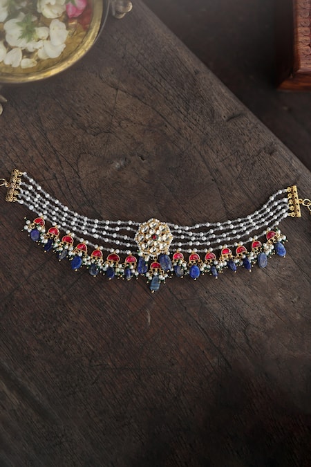 Shop_Paisley Pop_Blue Floral Layered Stone Choker _Online_at_Aza_Fashions