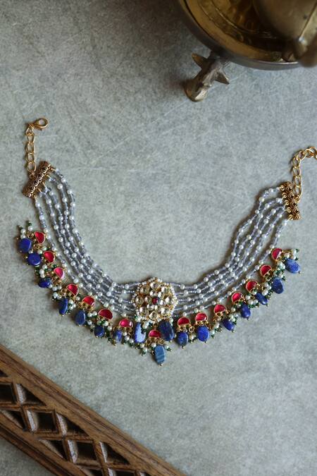 Paisley Pop_Blue Floral Layered Stone Choker _at_Aza_Fashions