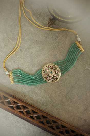 Paisley Pop_Green Floral Cutwork Choker With Garnet Stone _Online_at_Aza_Fashions