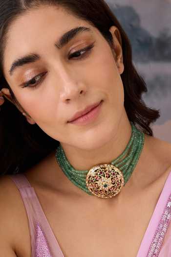 Buy_Paisley Pop_Green Floral Cutwork Choker With Garnet Stone _Online_at_Aza_Fashions