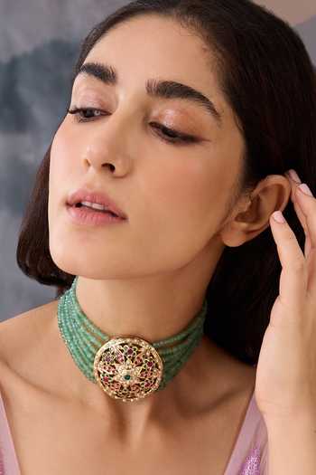Shop_Paisley Pop_Green Floral Cutwork Choker With Garnet Stone _Online_at_Aza_Fashions