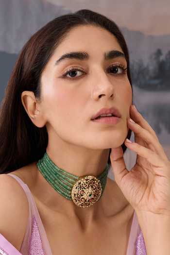 Paisley Pop_Green Floral Cutwork Choker With Garnet Stone _at_Aza_Fashions