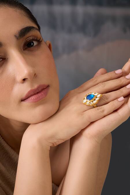 Paisley Pop_Blue Stones, Zari Kundan Adjustable Ring _Online_at_Aza_Fashions