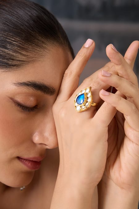 Buy_Paisley Pop_Blue Stones, Zari Kundan Adjustable Ring _Online_at_Aza_Fashions
