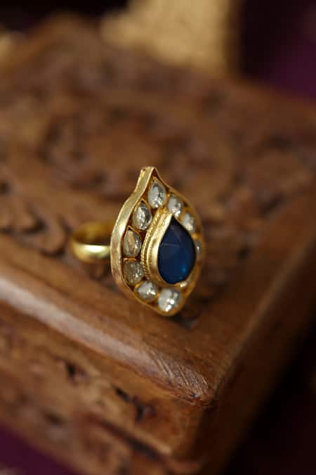Shop_Paisley Pop_Blue Stones, Zari Kundan Adjustable Ring _Online_at_Aza_Fashions