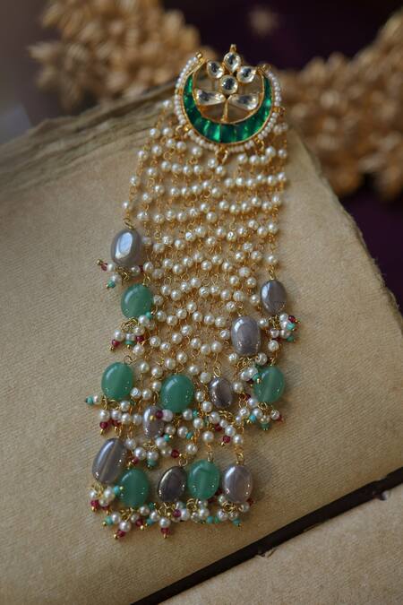 Paisley Pop Green Pearls, Stones Natural Embellished Braid Pin Online at Aza Fashions Paisley Pop_Green Pearls, Stones Natural Embellished Braid Pin _Online_at_Aza_Fashions
