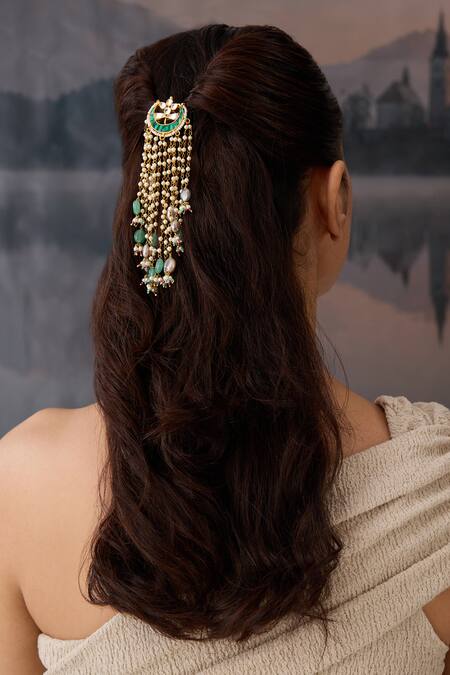 Buy Paisley Pop Green Pearls, Stones Natural Embellished Braid Pin Online at Aza Fashions Buy_Paisley Pop_Green Pearls, Stones Natural Embellished Braid Pin _Online_at_Aza_Fashions