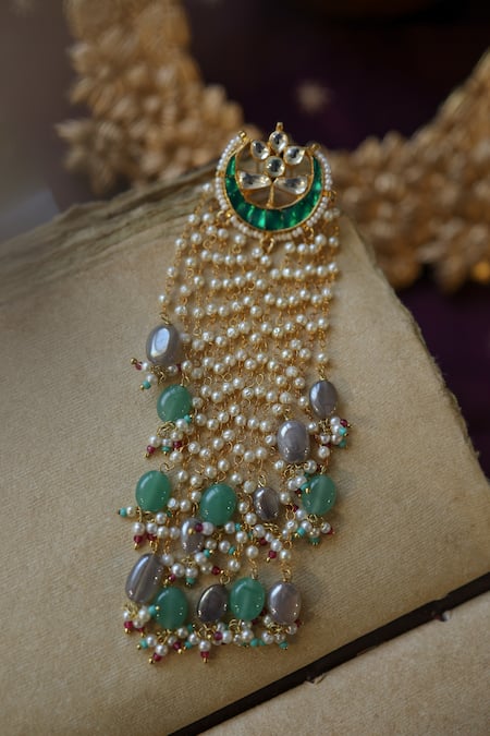 Shop Paisley Pop Green Pearls, Stones Natural Embellished Braid Pin at Aza Fashions Shop_Paisley Pop_Green Pearls, Stones Natural Embellished Braid Pin _at_Aza_Fashions