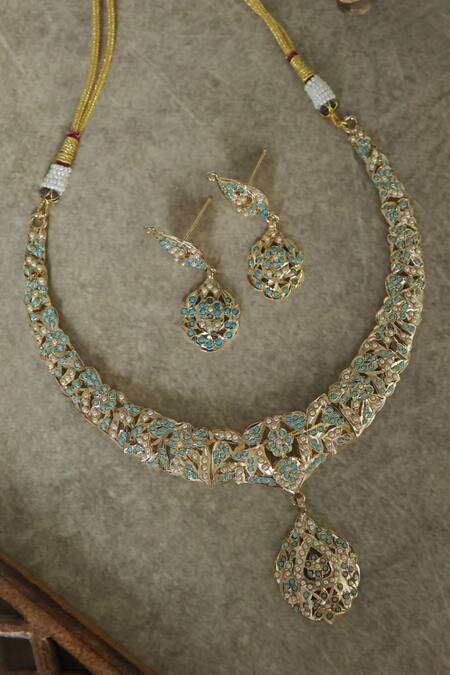 Paisley Pop Green Pearls, Stones Floral Cutwork Pendant Necklace Set Online at Aza Fashions Paisley Pop_Green Pearls, Stones Floral Cutwork Pendant Necklace Set _Online_at_Aza_Fashions