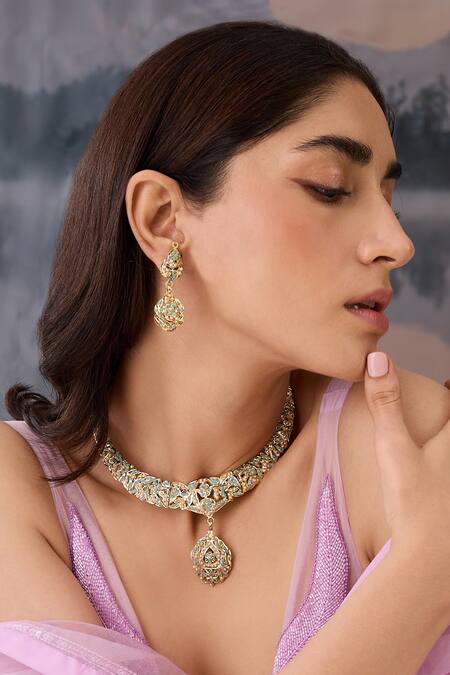 Shop Paisley Pop Green Pearls, Stones Floral Cutwork Pendant Necklace Set Online at Aza Fashions Shop_Paisley Pop_Green Pearls, Stones Floral Cutwork Pendant Necklace Set _Online_at_Aza_Fashions