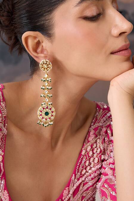 Paisley Pop_Pink Pearls, Stones Kundan Drop Long Earrings _Online_at_Aza_Fashions