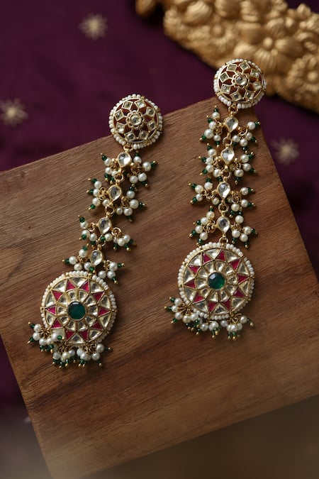 Buy_Paisley Pop_Pink Pearls, Stones Kundan Drop Long Earrings _Online_at_Aza_Fashions
