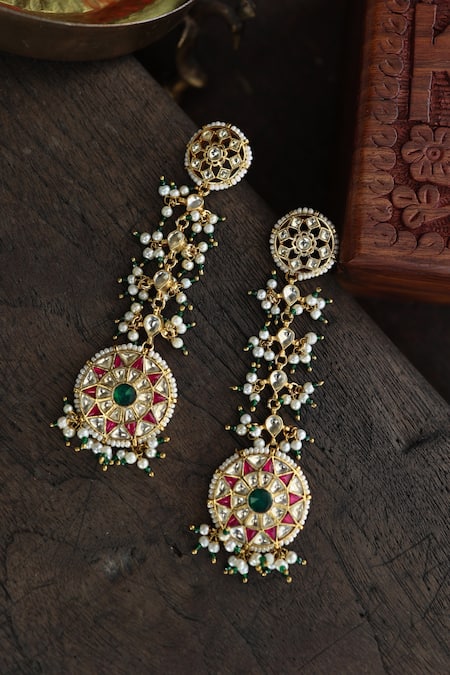 Shop_Paisley Pop_Pink Pearls, Stones Kundan Drop Long Earrings _Online_at_Aza_Fashions