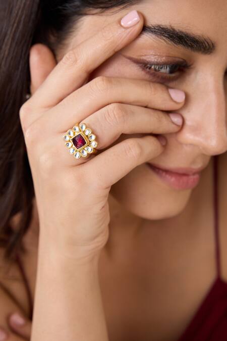 Paisley Pop_Red Stones Kundan Embellished Ring _Online_at_Aza_Fashions