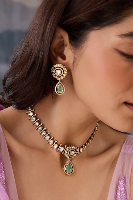 Paisley Pop Green Stones, Crystals, Zari Polki Studded Pendant Necklace Set Online at Aza Fashions Paisley Pop_Green Stones, Crystals, Zari Polki Studded Pendant Necklace Set _Online_at_Aza_Fashions