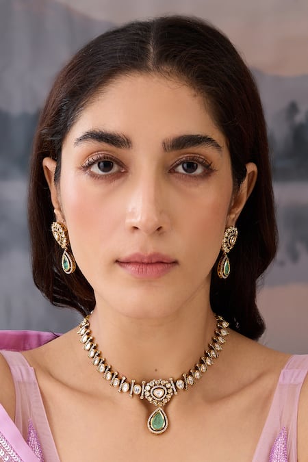 Buy Paisley Pop Green Stones, Crystals, Zari Polki Studded Pendant Necklace Set Online at Aza Fashions Buy_Paisley Pop_Green Stones, Crystals, Zari Polki Studded Pendant Necklace Set _Online_at_Aza_Fashions
