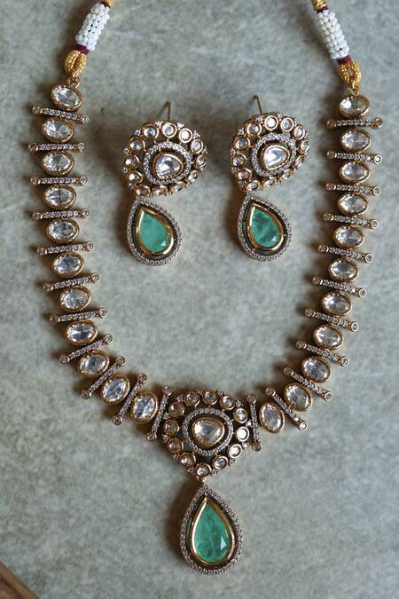 Shop Paisley Pop Green Stones, Crystals, Zari Polki Studded Pendant Necklace Set Online at Aza Fashions Shop_Paisley Pop_Green Stones, Crystals, Zari Polki Studded Pendant Necklace Set _Online_at_Aza_Fashions