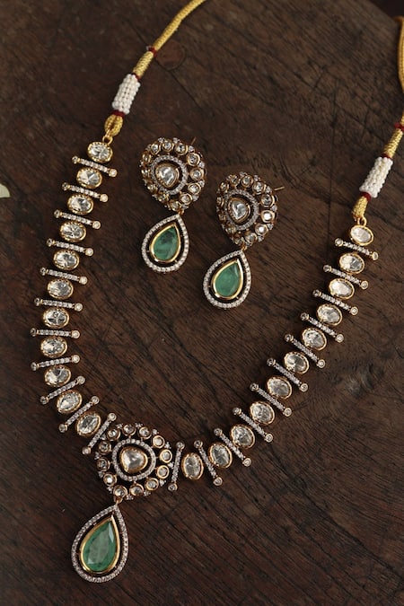 Shop Paisley Pop Green Stones, Crystals, Zari Polki Studded Pendant Necklace Set at Aza Fashions Shop_Paisley Pop_Green Stones, Crystals, Zari Polki Studded Pendant Necklace Set _at_Aza_Fashions