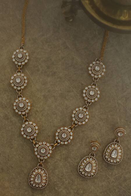 Paisley Pop_Gold Plated Cut Work, Crystals Polki And Cubic Zirconia Necklace Set _Online_at_Aza_Fashions