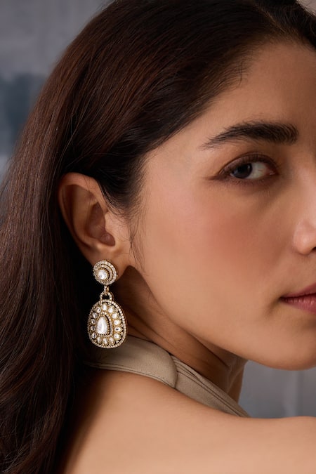 Buy_Paisley Pop_Gold Plated Cut Work, Crystals Polki And Cubic Zirconia Necklace Set _Online_at_Aza_Fashions