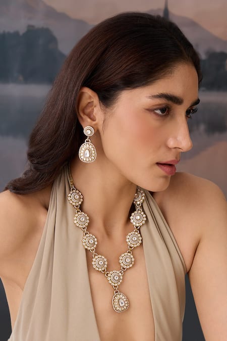 Shop_Paisley Pop_Gold Plated Cut Work, Crystals Polki And Cubic Zirconia Necklace Set _Online_at_Aza_Fashions