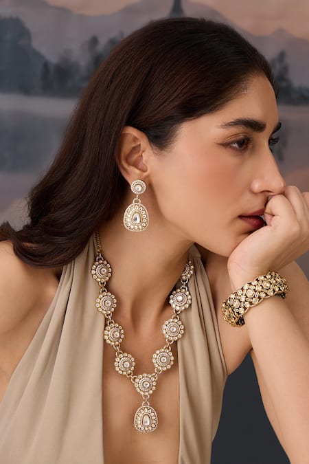 Buy_Paisley Pop_Gold Plated Cut Work, Crystals Polki And Cubic Zirconia Necklace Set 