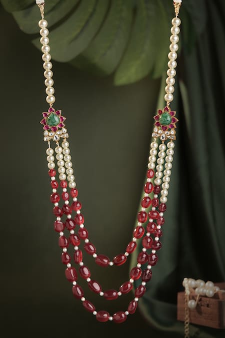 Riana Jewellery Layered Red Bead & Pearl Necklace 