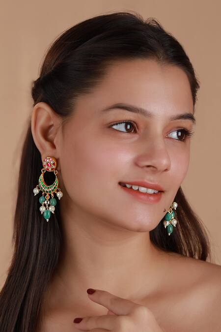 Riana Jewellery Multi Color Pearls, Stones, Glitter Half Crescent Pendant Choker And Earring Set Online at Aza Fashions Riana Jewellery_Multi Color Pearls, Stones, Glitter Half Crescent Pendant Choker And Earring Set _Online_at_Aza_Fashions