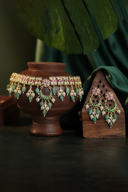 Shop Riana Jewellery Multi Color Pearls, Stones, Glitter Half Crescent Pendant Choker And Earring Set at Aza Fashions Shop_Riana Jewellery_Multi Color Pearls, Stones, Glitter Half Crescent Pendant Choker And Earring Set _at_Aza_Fashions