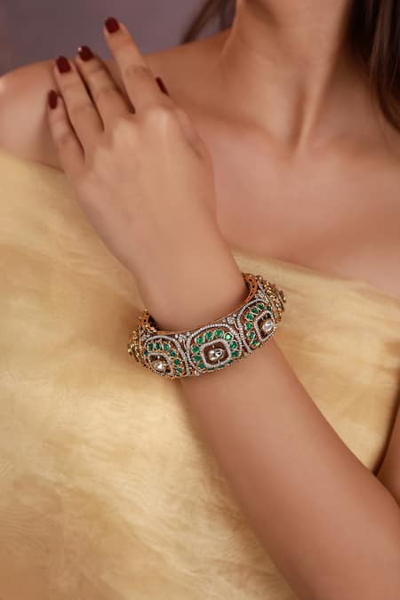 Riana Jewellery Green Stone Embellished Cutwork Kada 