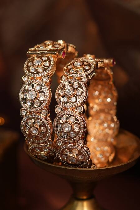 Riana Jewellery_Gold Plated Stones Embellished Cutwork Bangle_Online_at_Aza_Fashions
