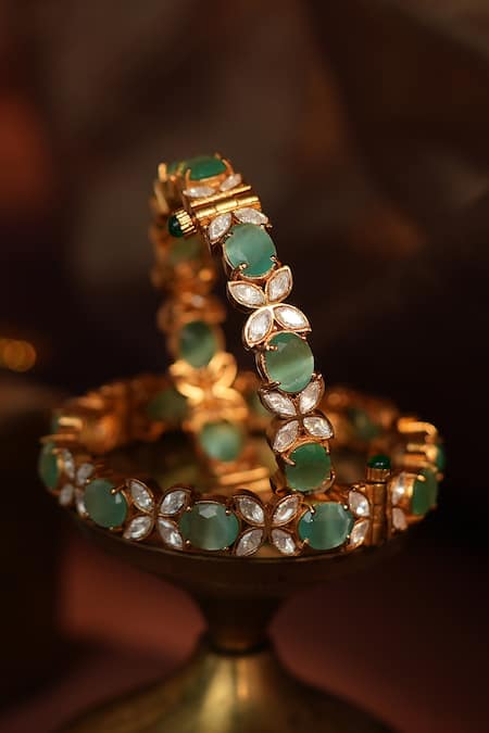 Shop Riana Jewellery Green Stones Floral Embellished Bangle Set at Aza Fashions Shop_Riana Jewellery_Green Stones Floral Embellished Bangle Set_at_Aza_Fashions