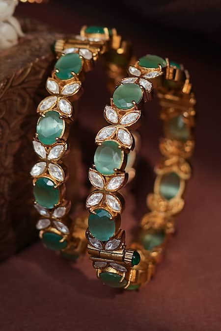 Buy Riana Jewellery Green Stones Floral Embellished Bangle Set Online at Aza Fashions Buy_Riana Jewellery_Green Stones Floral Embellished Bangle Set_Online_at_Aza_Fashions
