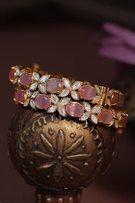 Riana Jewellery_Pink Stones Floral Embellished Kadas Set Of 2 _Online_at_Aza_Fashions