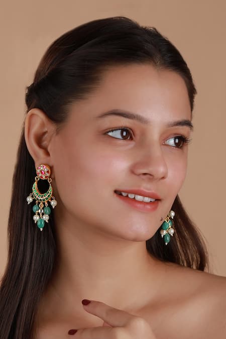 Riana Jewellery Green & Pink Stone Embellished Earrings 