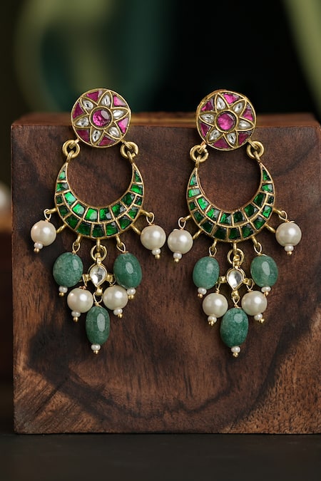 Riana Jewellery Green & Pink Stone Embellished Earrings 