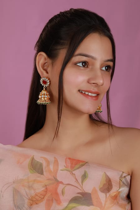 Riana Jewellery Pink Jadtar Stone Jhumka Earrings 