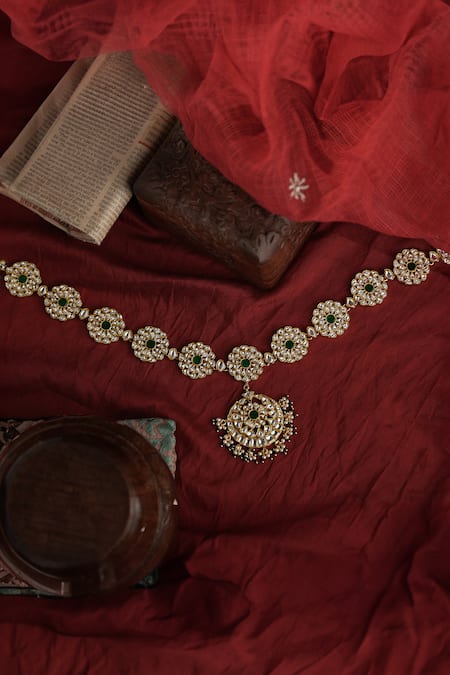 Shop Riana Jewellery Green Jadtar Stone Mathapatti at Aza Fashions Shop_Riana Jewellery_Green Jadtar Stone Mathapatti _at_Aza_Fashions